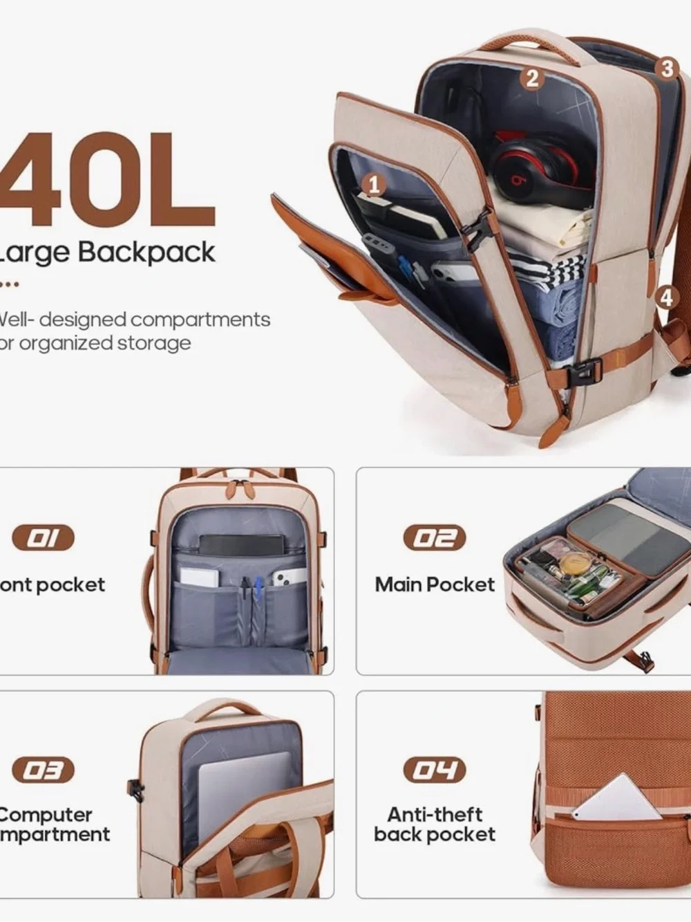NWT Cream and Tan Travel Backpack with Toiletry Bag